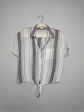 Pink Rose White Button-Front Tie Hem Top with Navy & Burgundy Stripes